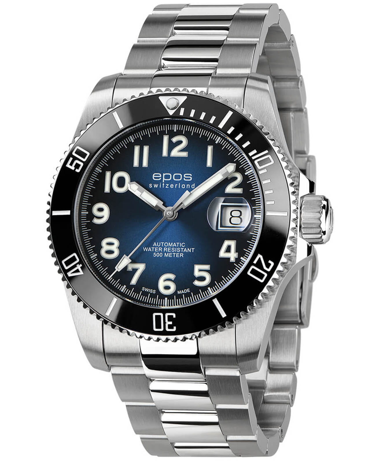 Epos Epos Diver 3504.131.80.36.90  3504.131.80.36.90 механические мужские часы синий циферблат, браслет титановый — вид спереди