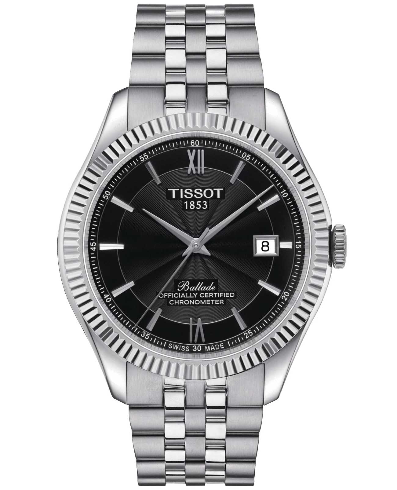 Tissot Tissot Ballade Powermatic 80 Silicium T108.408.11.058.00 Ballade T1084081105800 механические мужские часы черный циферблат, браслет нержавеющая сталь — вид спереди