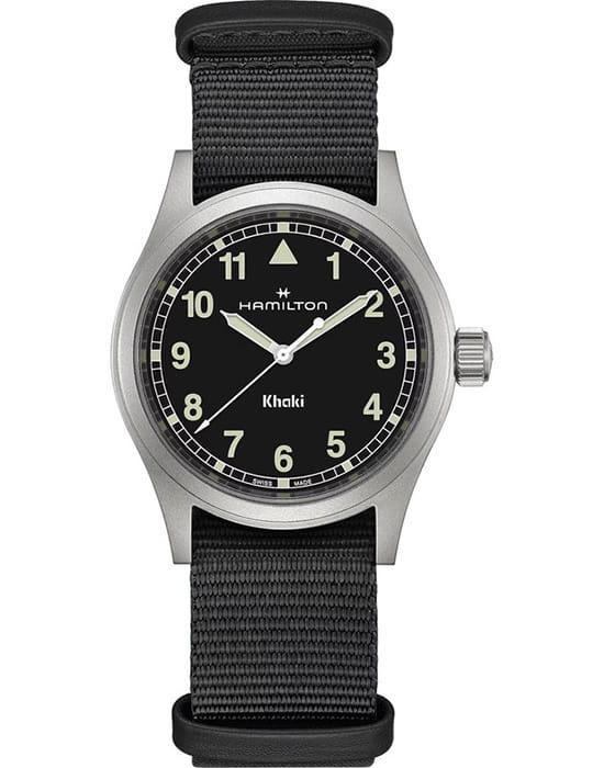 Hamilton Hamilton Khaki Field Quartz 38mm H69401430  H69401430 кварцевые мужские часы черный циферблат, браслет тканевый — вид спереди