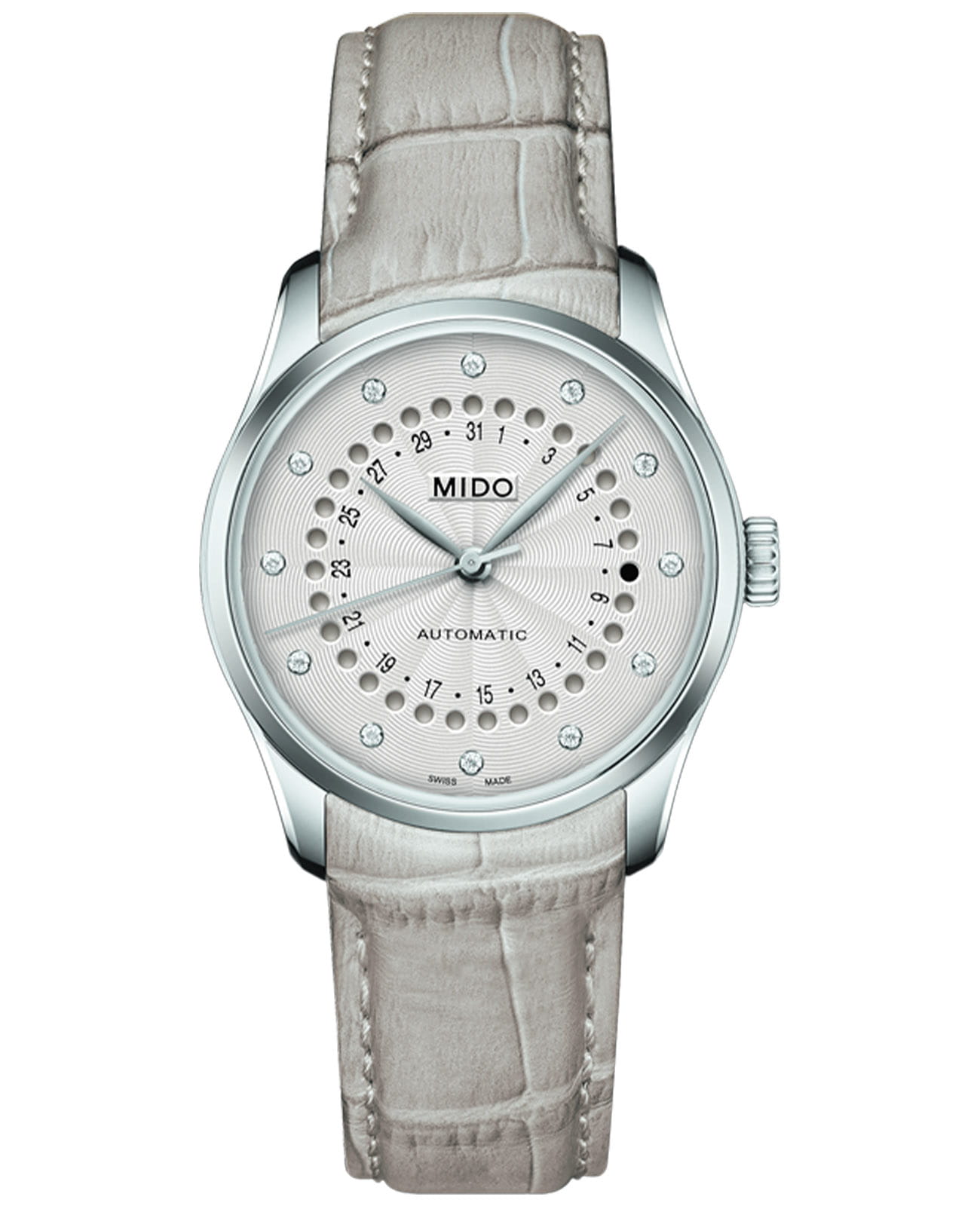 Mido Mido Belluna M024.207.16.036.00  M0242071603600 механические женские часы белый циферблат, браслет кожаный — вид спереди