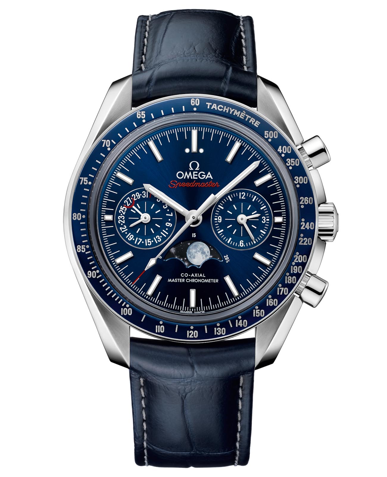 Omega Omega Speedmaster Moonphase 304.33.44.52.03.001  30433445203001 механические мужские часы синий циферблат, браслет кожаный — вид спереди