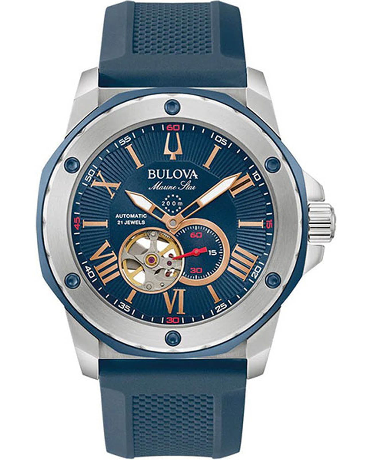Bulova Bulova Marine Star 98A282  98A282 механические мужские часы синий циферблат, браслет силикон — вид спереди