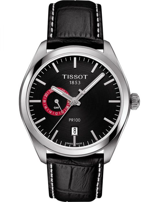 Tissot Tissot PR 100 Dual Time T101.452.16.051.00 PR 100 T1014521605100 кварцевые мужские часы черный циферблат, браслет кожаный — вид спереди