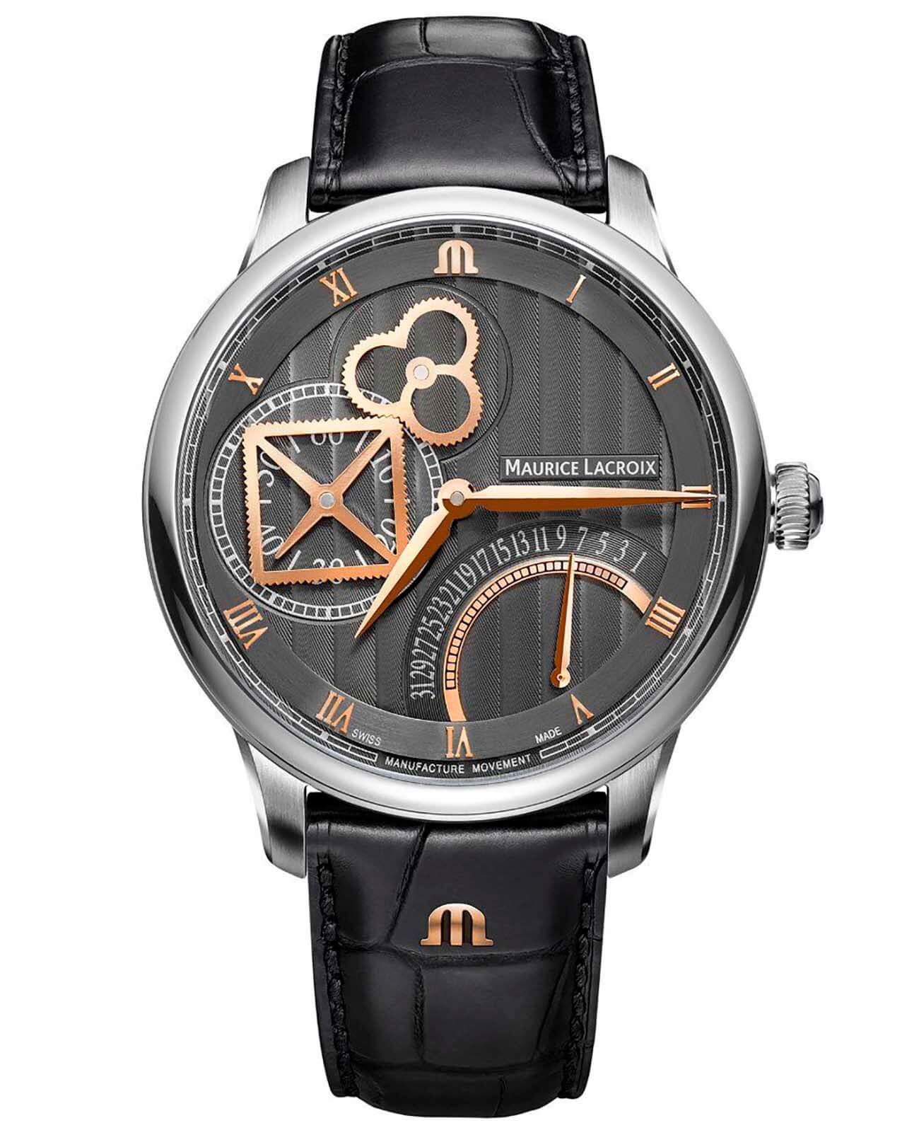 Maurice Lacroix Maurice Lacroix Masterpiece Square Wheel Retrograde MP6058-SS001-310-1  MP6058-SS001-310-1 механические мужские часы антрацитовый циферблат, браслет кожаный — вид спереди