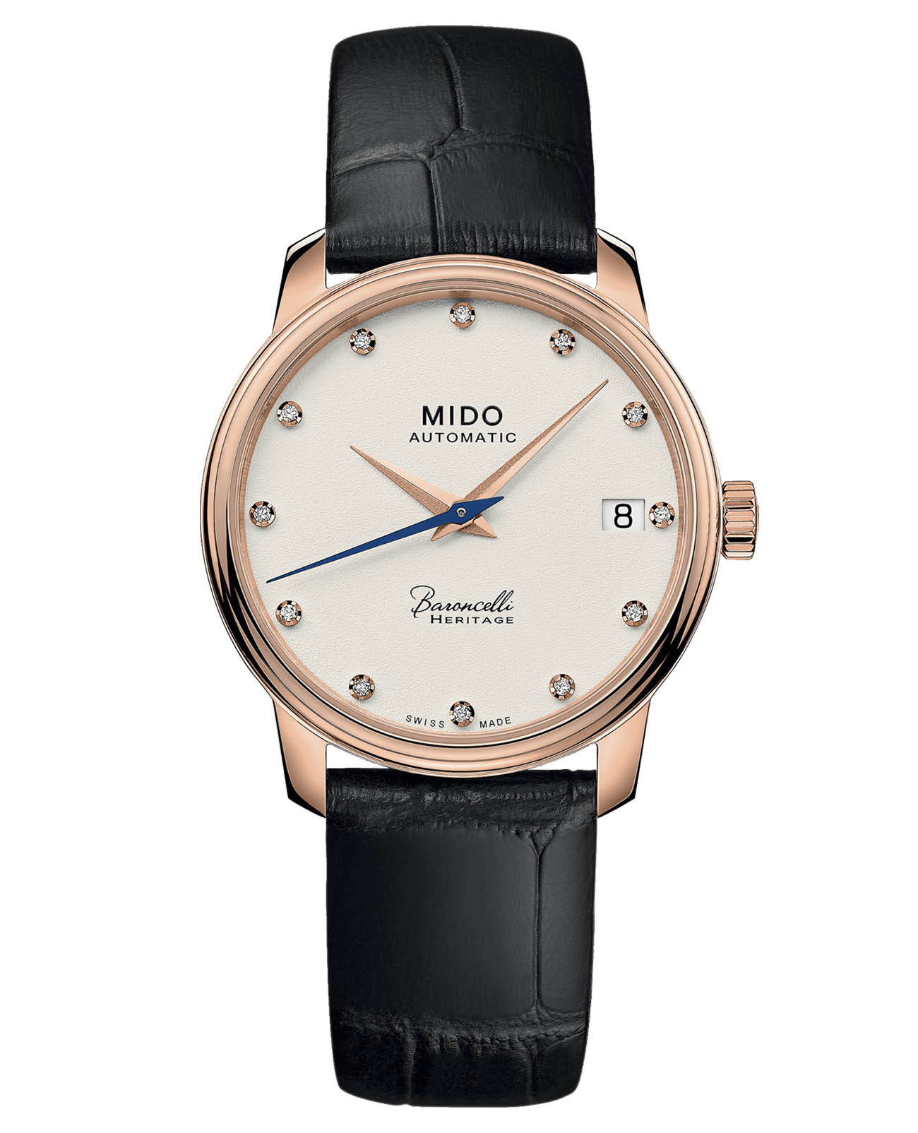 Mido Mido Baroncelli Heritage Lady M027.207.36.266.00  M0272073626600 механические женские часы бежевый циферблат, браслет кожаный — вид спереди