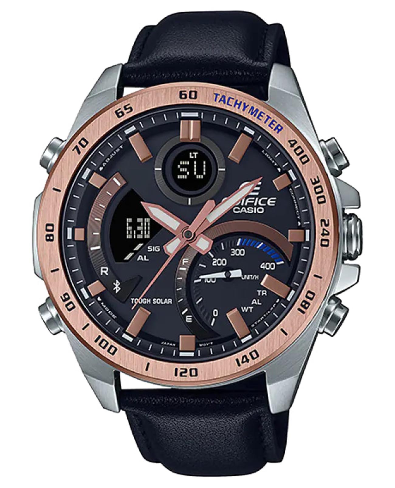 Casio Casio Edifice ECB-900GL-1BDR (ECB-900GL-1B) ECB ECB-900GL-1B кварцевые мужские часы черный циферблат, браслет кожаный — вид спереди