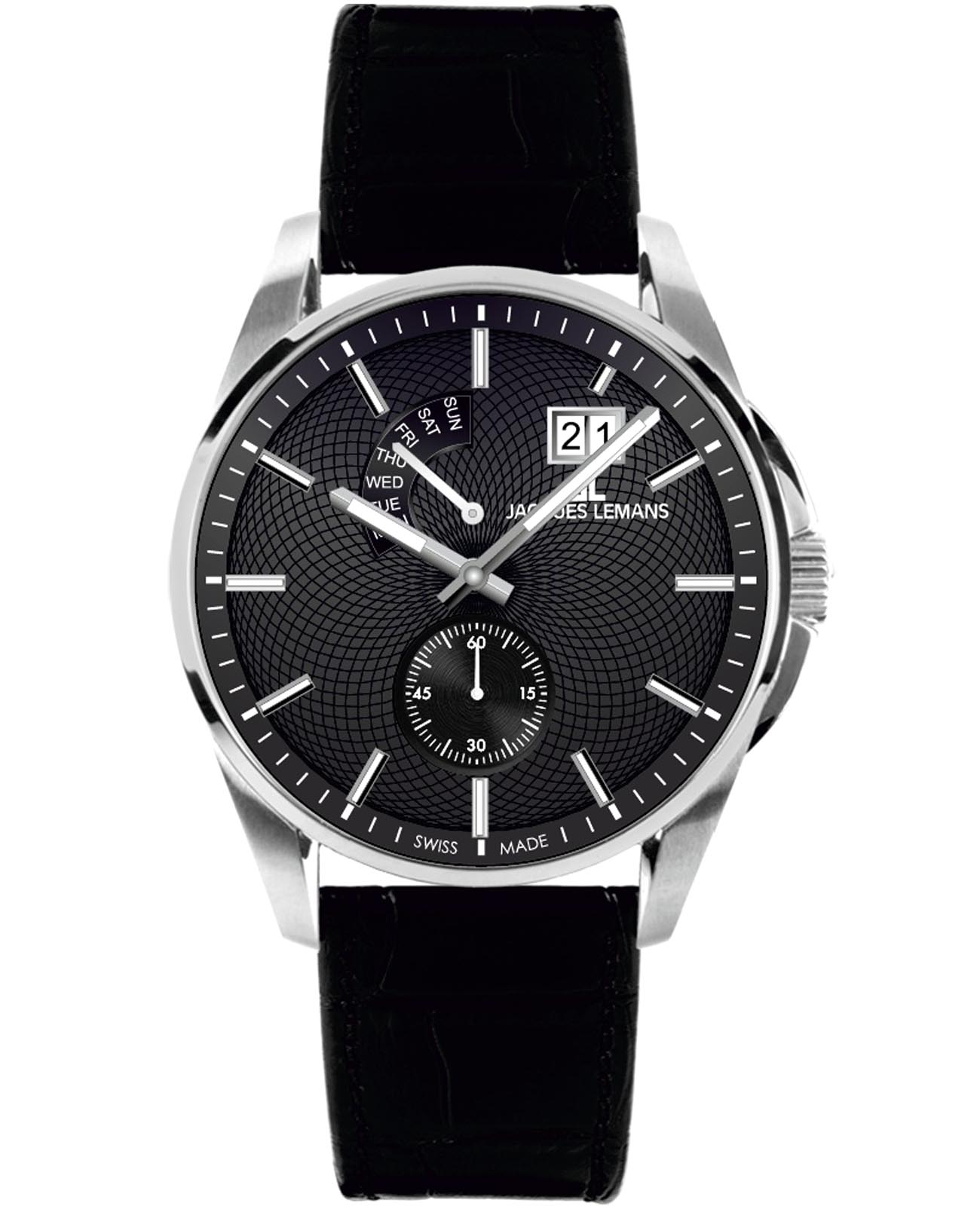 Jacques Lemans Jacques Lemans Derby 1-2199B  1-2199B кварцевые мужские часы черный циферблат, браслет кожаный — вид спереди