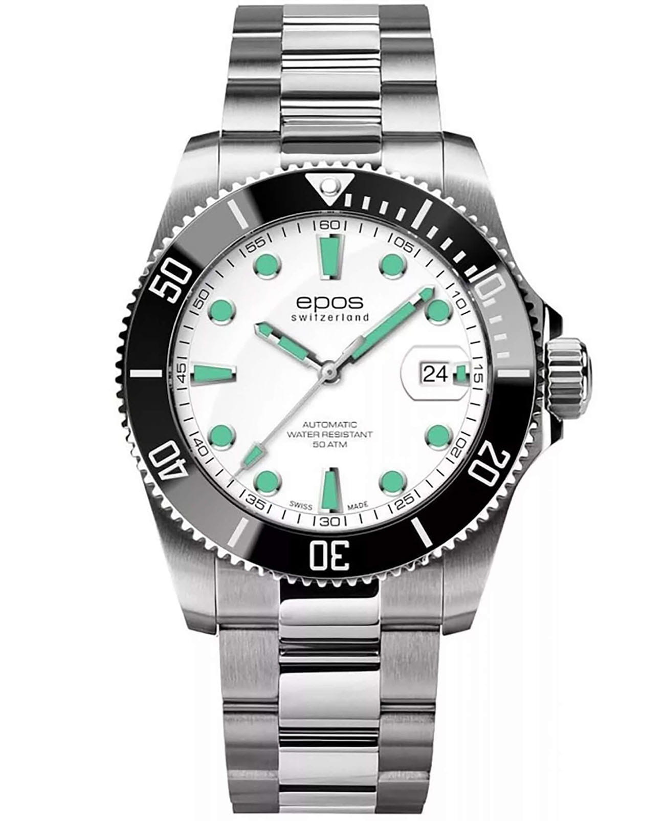 Epos Epos Diver 3504.131.20.10.30  3504.131.20.10.30 механические мужские часы белый циферблат, браслет нержавеющая сталь — вид спереди