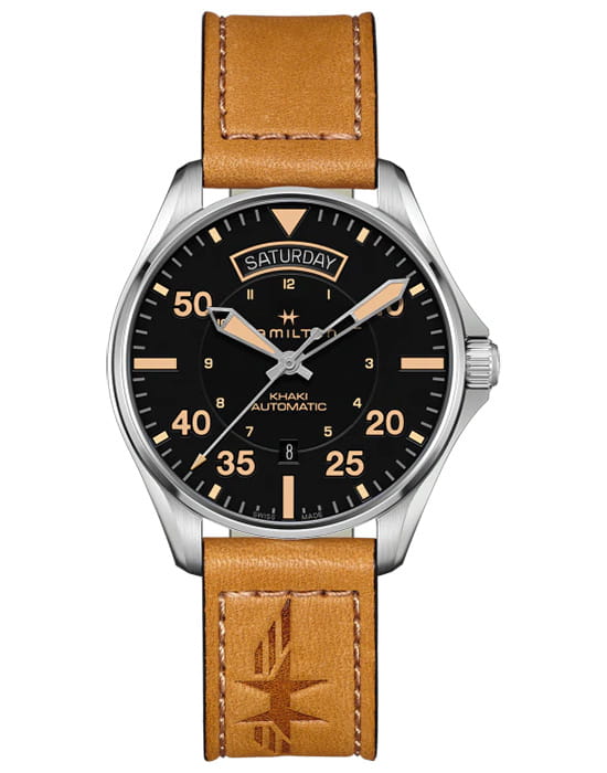 Hamilton Hamilton Khaki Aviation Pilot Day Date Auto H64645531  H64645531 механические мужские часы черный циферблат, браслет кожаный — вид спереди