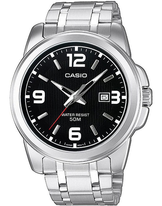 Casio Casio MTP-1314PD-1AVEF  MTP-1314PD-1A кварцевые мужские часы черный циферблат, браслет нержавеющая сталь — вид спереди