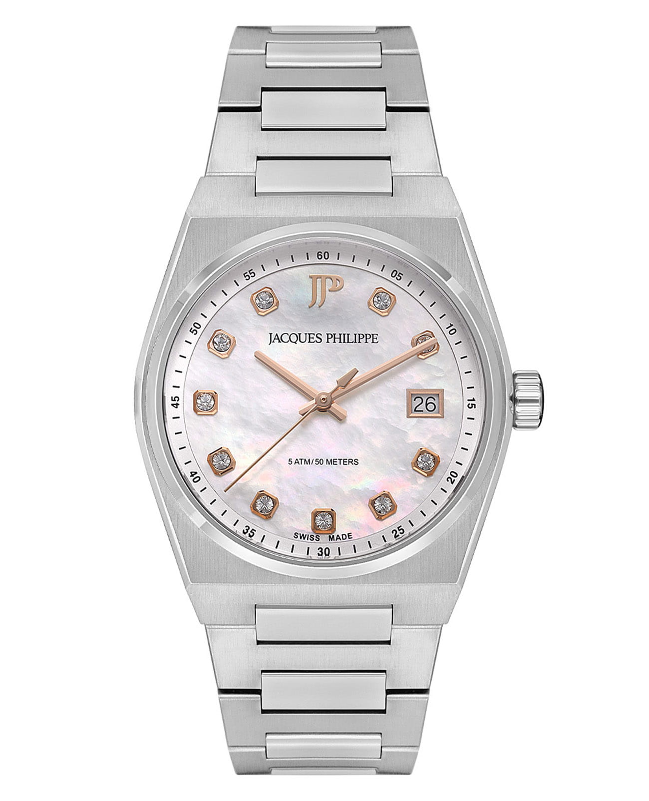Jacques Philippe Jacques Philippe Aurora JPQLS521386S  JPQLS521386S кварцевые женские часы перламутровый циферблат, браслет нержавеющая сталь — вид спереди