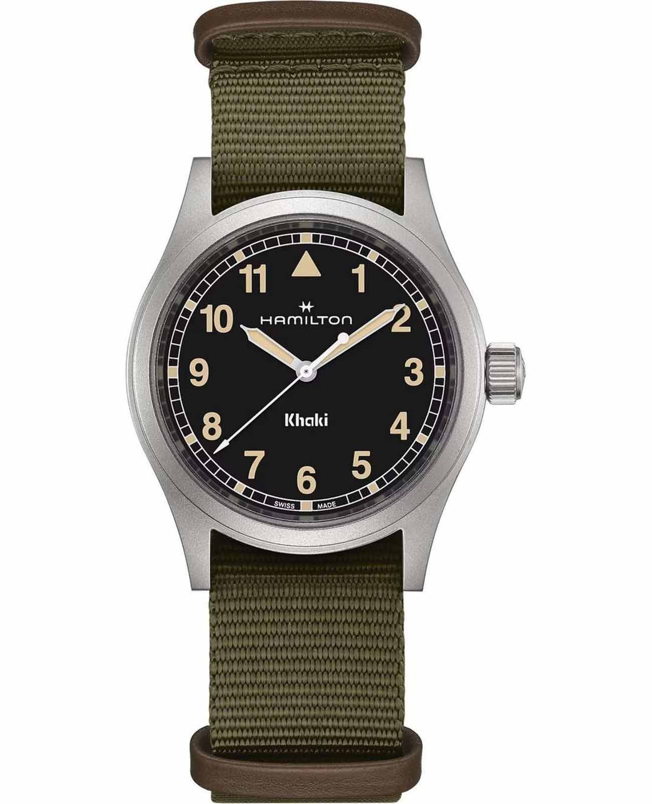 Hamilton Hamilton Khaki Field Quartz 38mm H69401930  H69401930 кварцевые мужские часы черный циферблат, браслет тканевый — вид спереди