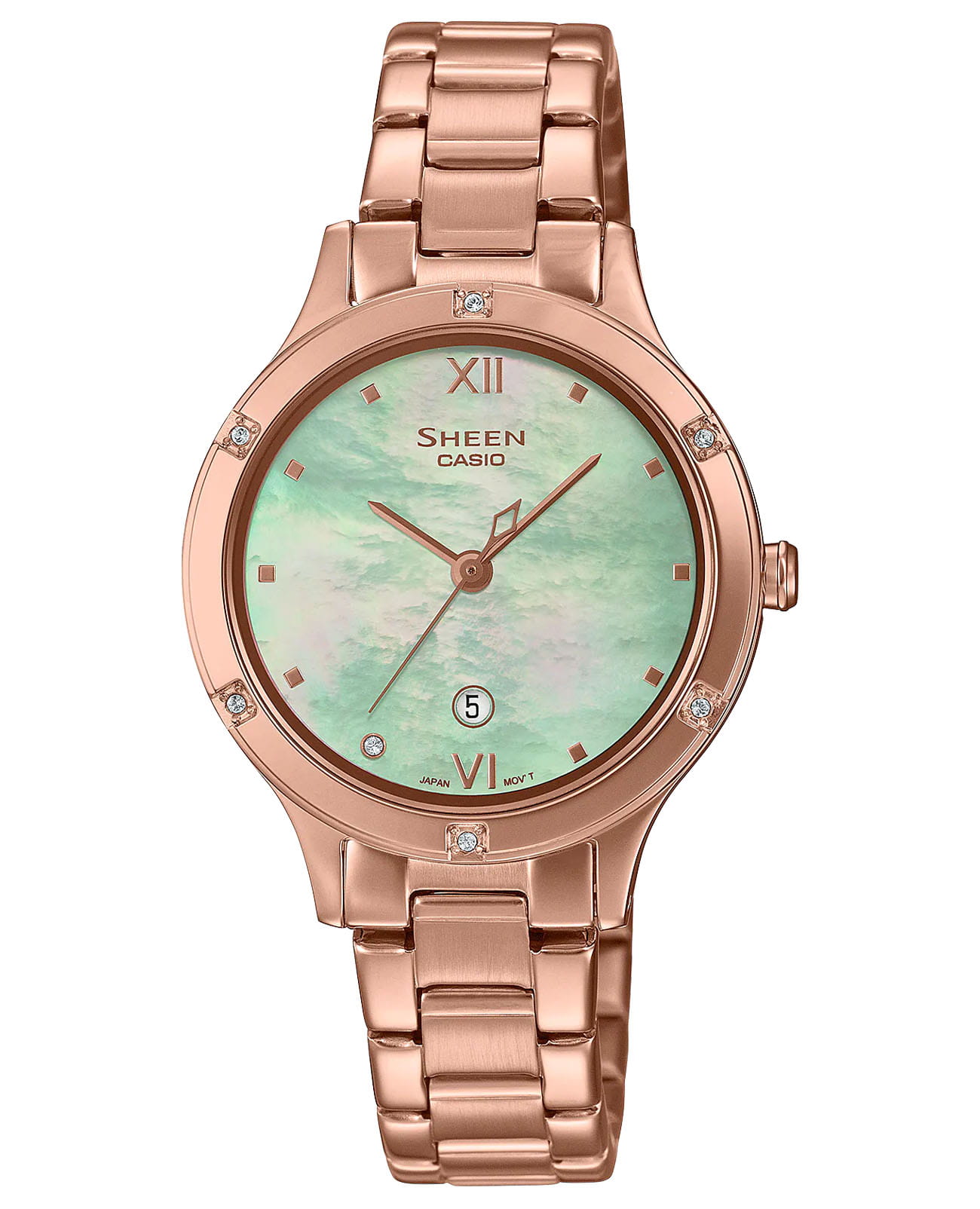 Casio Casio Sheen SHE-4546PG-3A  SHE-4546PG-3A кварцевые женские часы перламутровый циферблат, браслет нержавеющая сталь — вид спереди