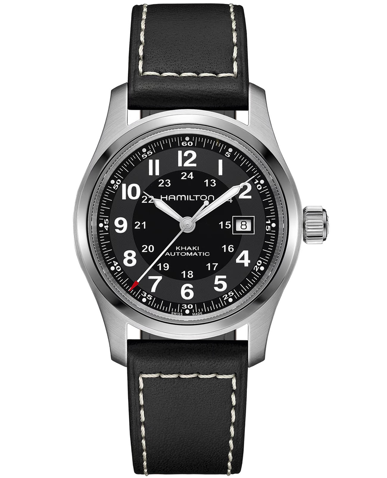 Hamilton Hamilton Khaki Field Auto 42 mm H70605733  H70605733 механические мужские часы черный циферблат, браслет кожаный — вид спереди