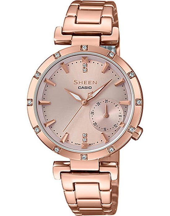 Casio Casio Sheen SHE-4051PG-4A  SHE-4051PG-4A кварцевые женские часы бежевый циферблат, браслет сталь с ip покрытием — вид спереди
