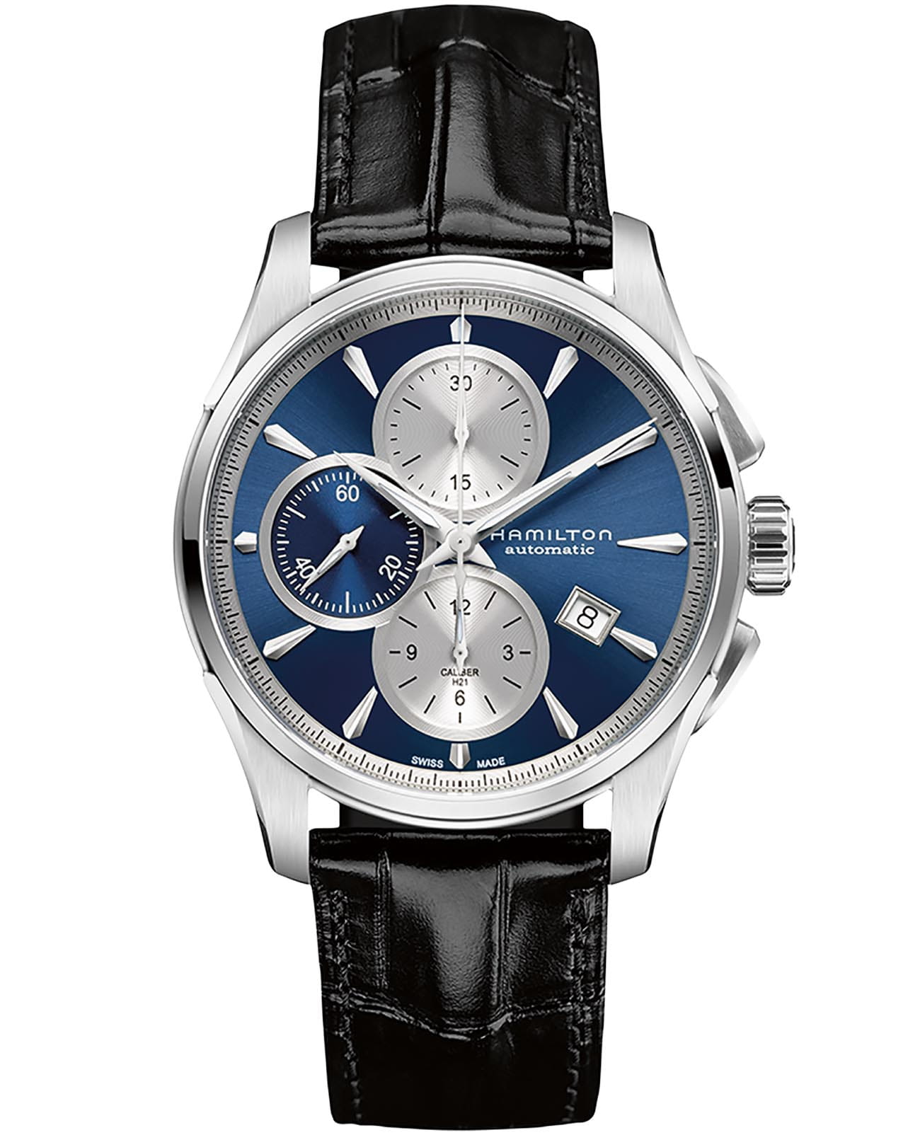 Hamilton Hamilton Jazzmaster Auto Chrono H32596741  H32596741 механические мужские часы синий циферблат, браслет кожаный — вид спереди