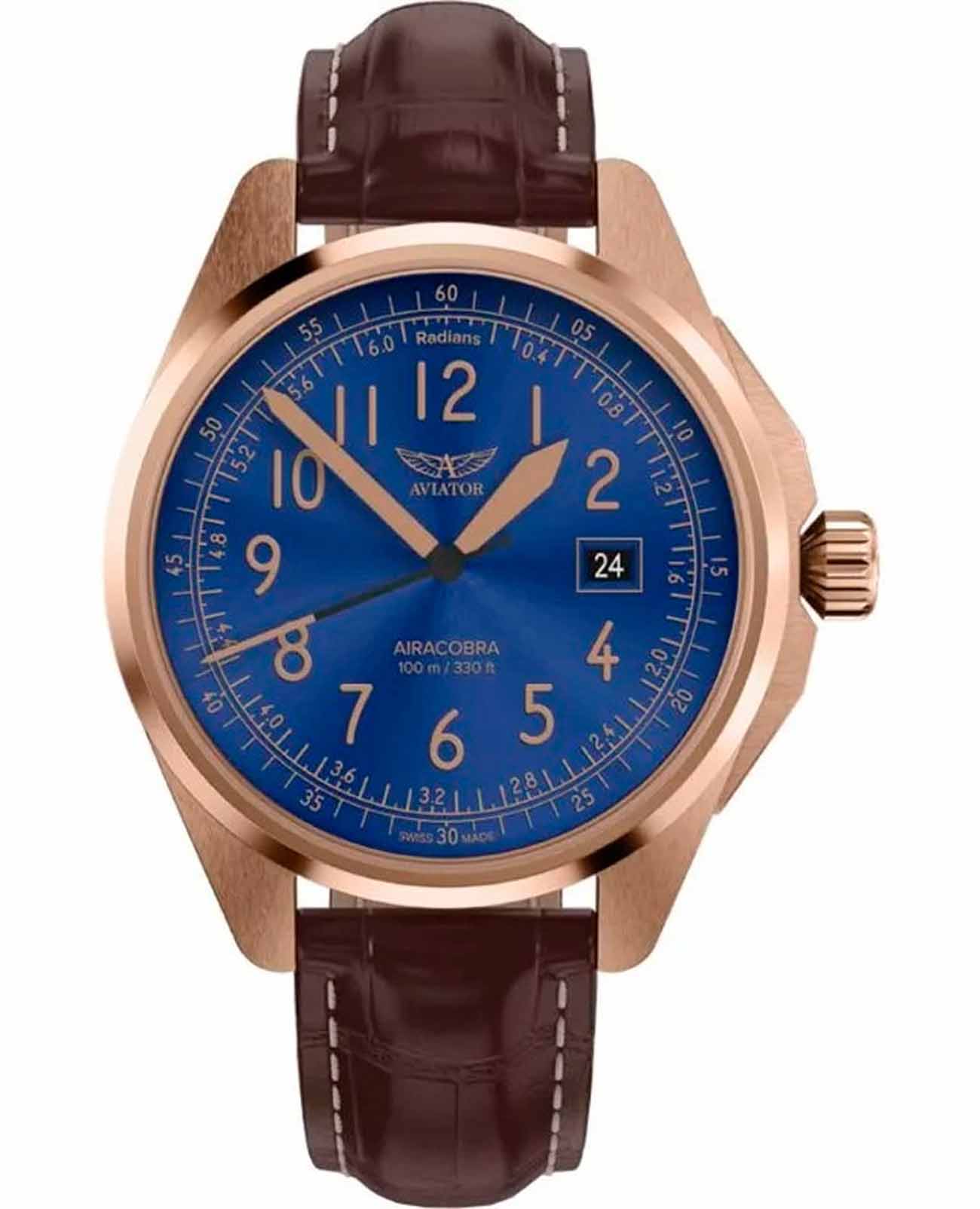 Aviator Aviator Airacobra V.1.38.2.326.4  V.1.38.2.326.4 кварцевые мужские часы черный циферблат, браслет кожаный — вид спереди