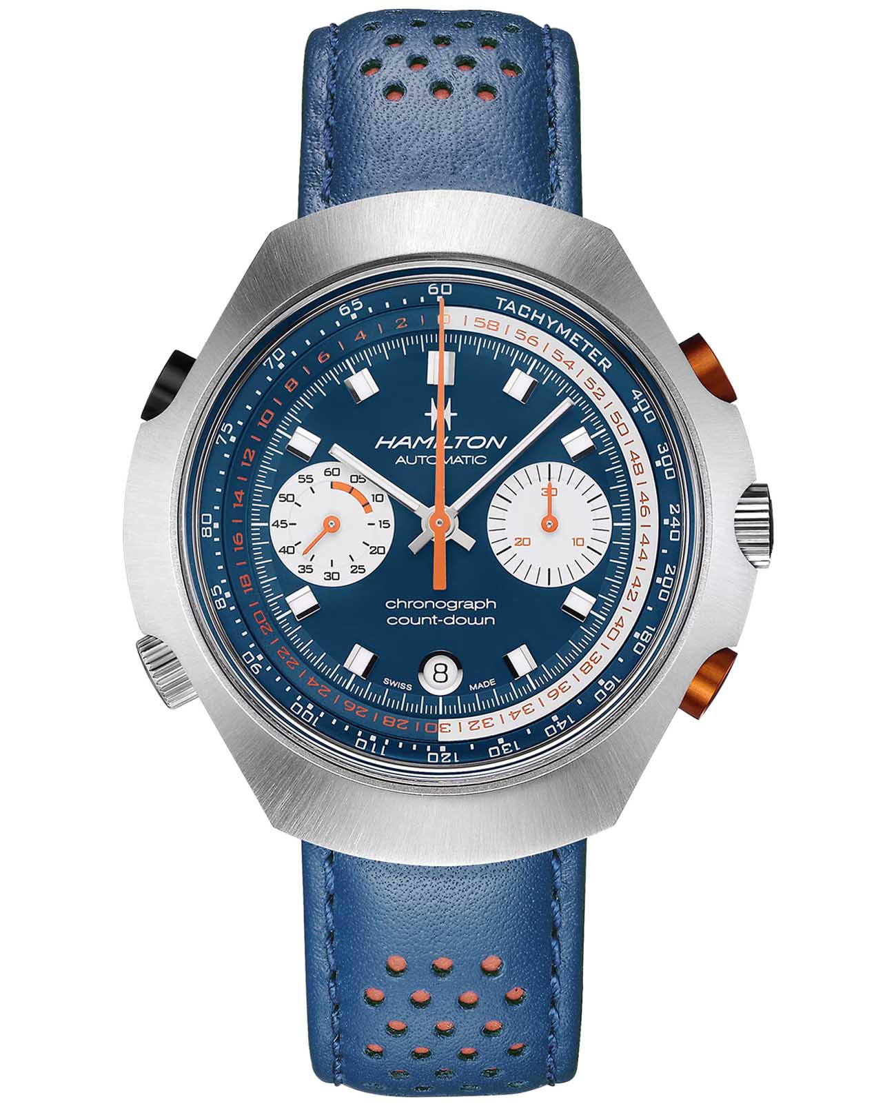 Hamilton Hamilton American Classic Chrono-Matic 50 H51606640  H51606640 механические мужские часы синий циферблат, браслет кожаный — вид спереди