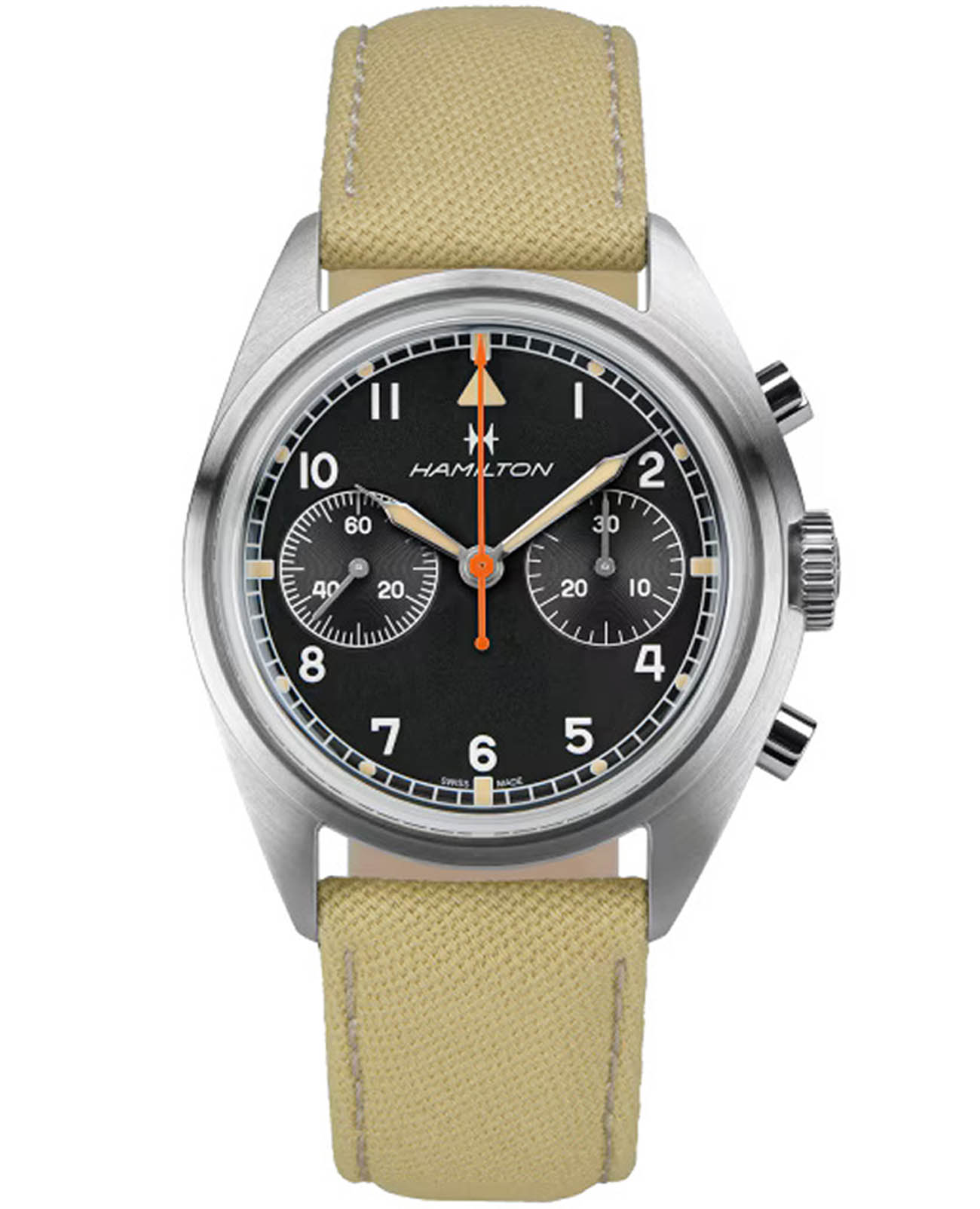 Hamilton Hamilton Khaki Aviation Pilot Pioneer Mechanical Chrono Limited Edition H89429930  H89429930 механические мужские часы черный циферблат, браслет тканевый — вид спереди