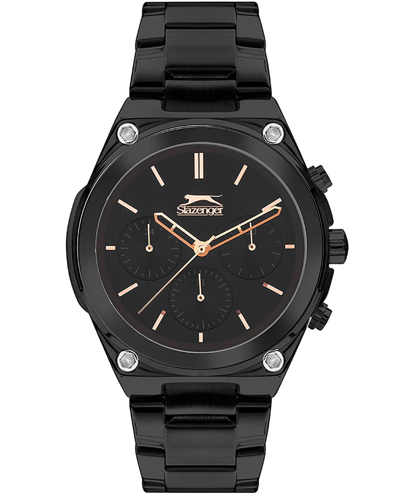 Slazenger Slazenger Multifunction SL.09.2027.2.02  SL.09.2027.2.02 кварцевые мужские часы черный циферблат, браслет суперметалл с ip покрытием — вид спереди