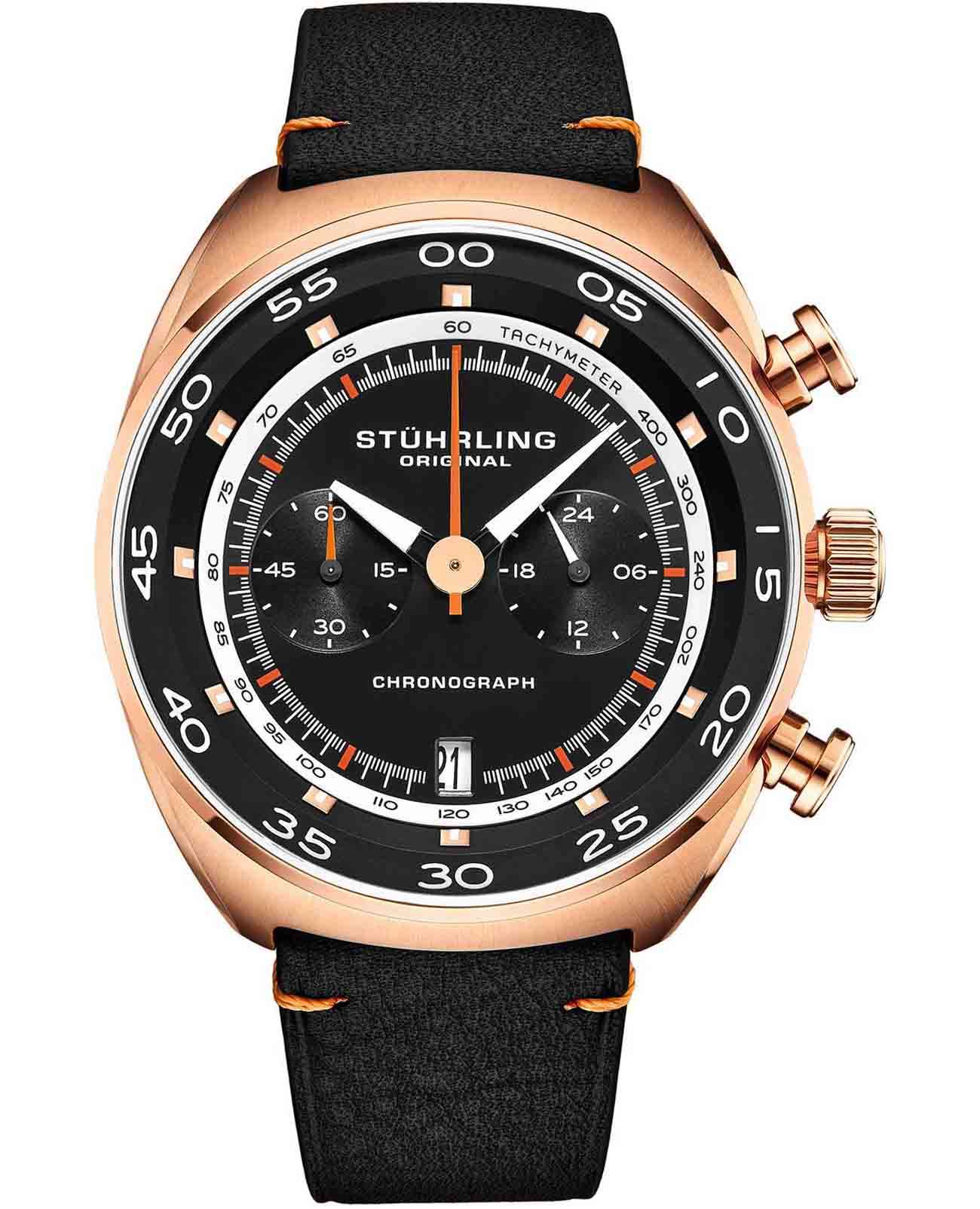Stuhrling Stuhrling Monaco 1000.03  1000.03 кварцевые мужские часы черный циферблат, браслет кожаный — вид спереди