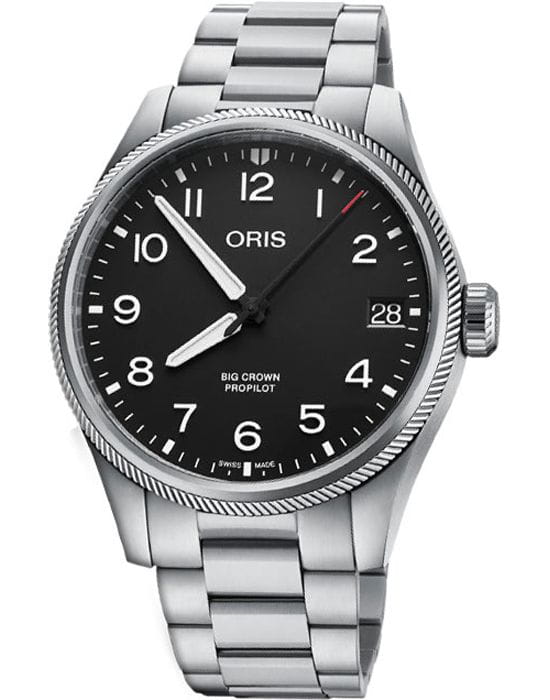 Oris Oris Propilot Big Crown Propilot Big Date 01 751 7761 4164-07 8 20 08  01 751 7761 4164-07 8 20 08 механические мужские часы черный циферблат, браслет нержавеющая сталь — вид спереди