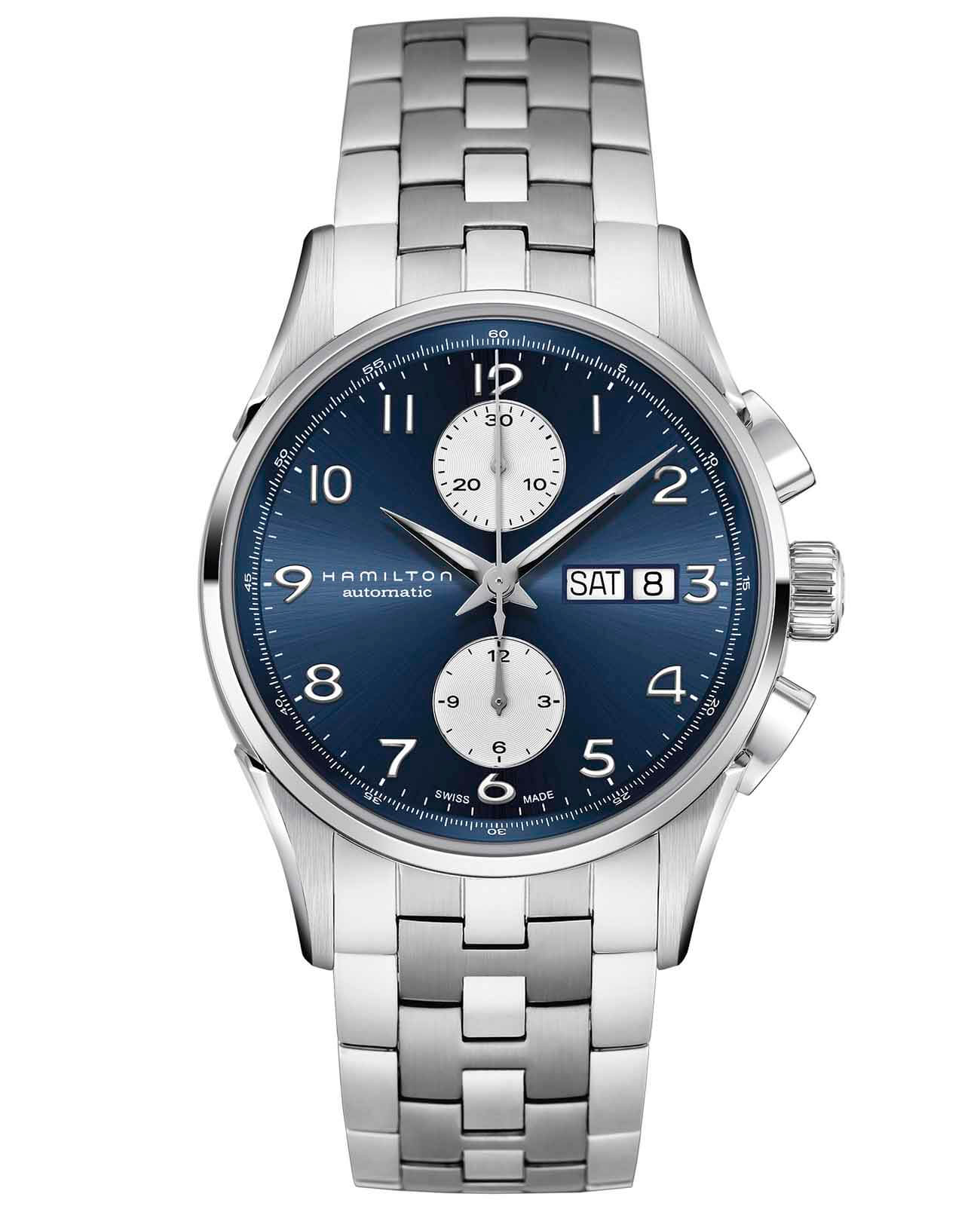 Hamilton Hamilton Jazzmaster Maestro Auto Chrono H32576141  H32576141 механические мужские часы синий циферблат, браслет нержавеющая сталь — вид спереди