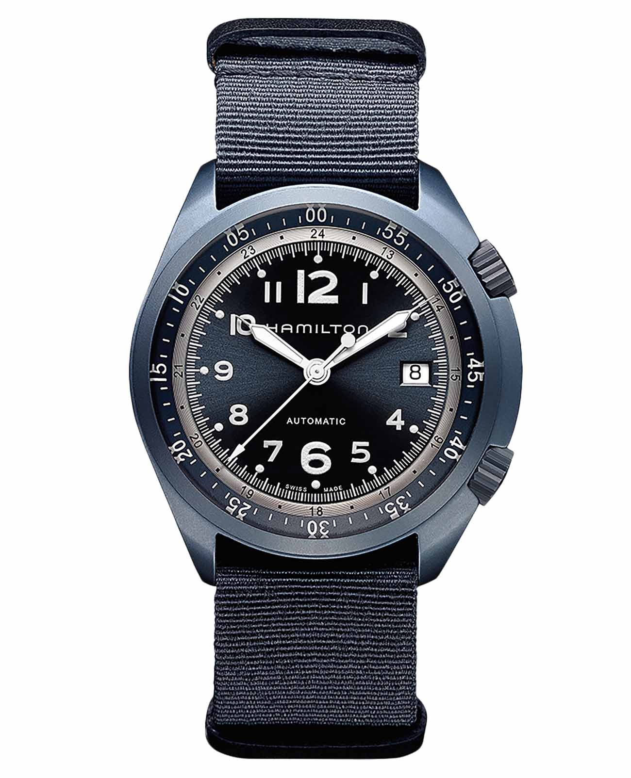 Hamilton Hamilton Khaki Aviation Pilot Pioneer Aluminium H80495845  H80495845 механические мужские часы синий циферблат, браслет тканевый — вид спереди
