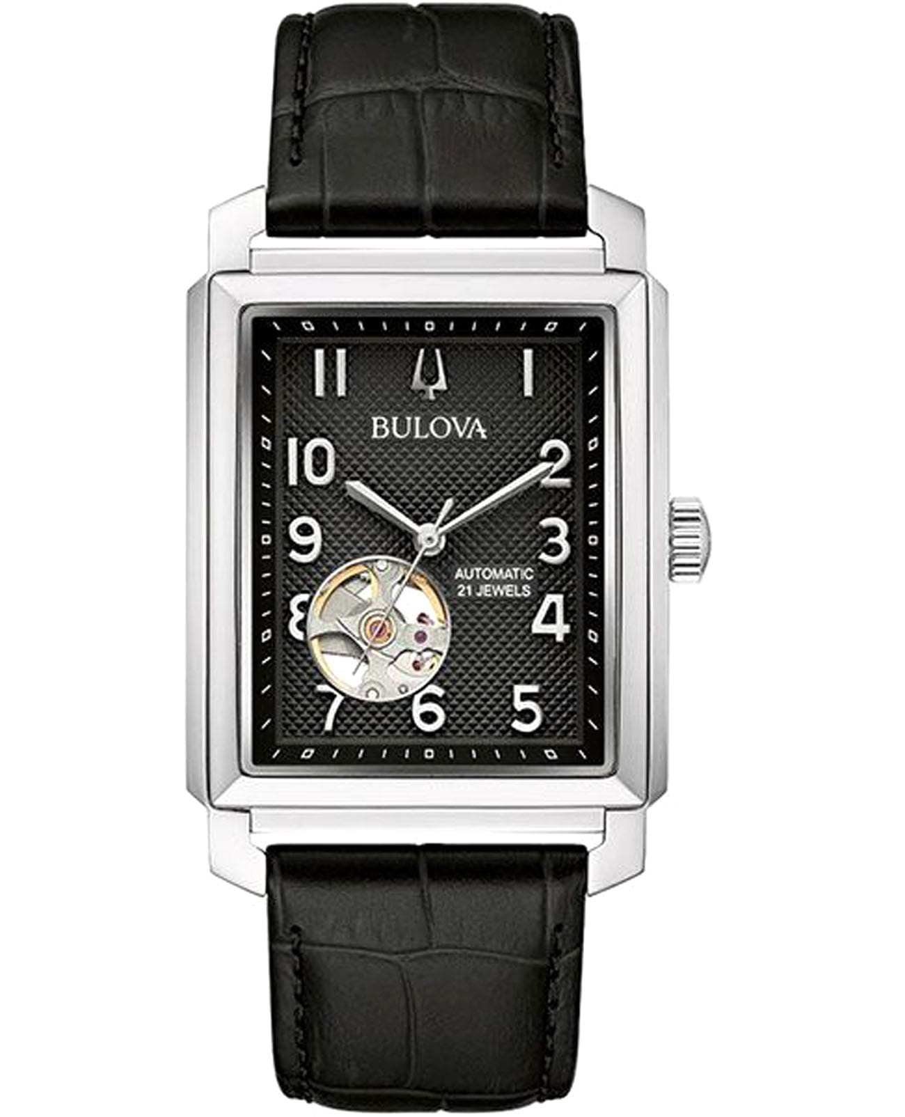Bulova Bulova Sutton 96A269  96A269 механические мужские часы черный циферблат, браслет кожаный — вид спереди
