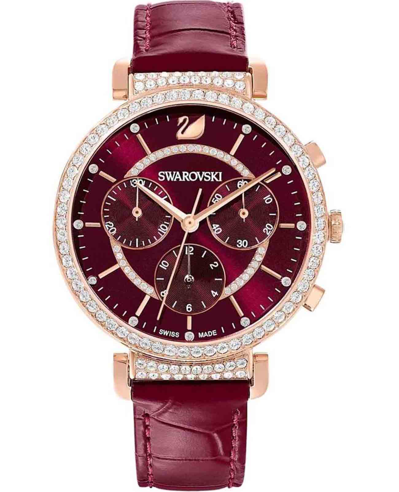 Swarovski Swarovski Passage Chrono 5580345  5580345 кварцевые женские часы бордовый циферблат, браслет кожаный — вид спереди