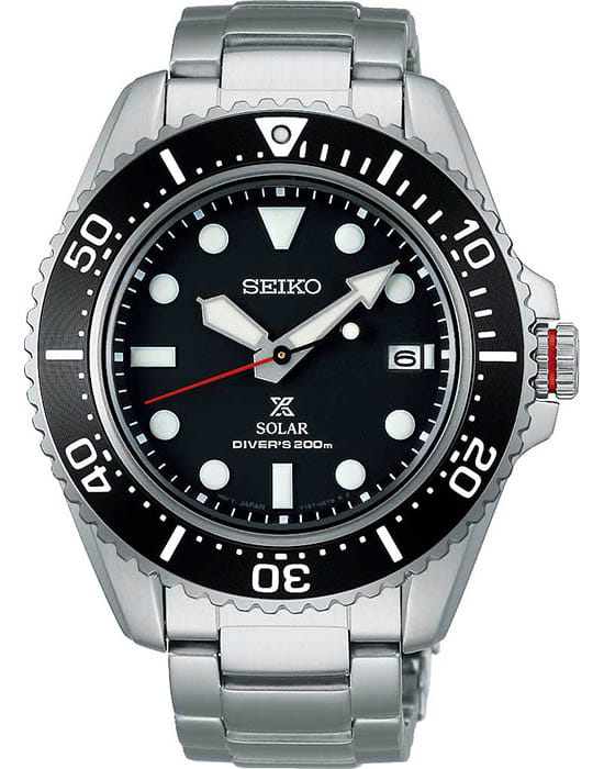 Seiko Seiko Prospex SNE589 - коллекция Solar SNE589P1 кварцевые мужские часы черный циферблат, браслет нержавеющая сталь — вид спереди