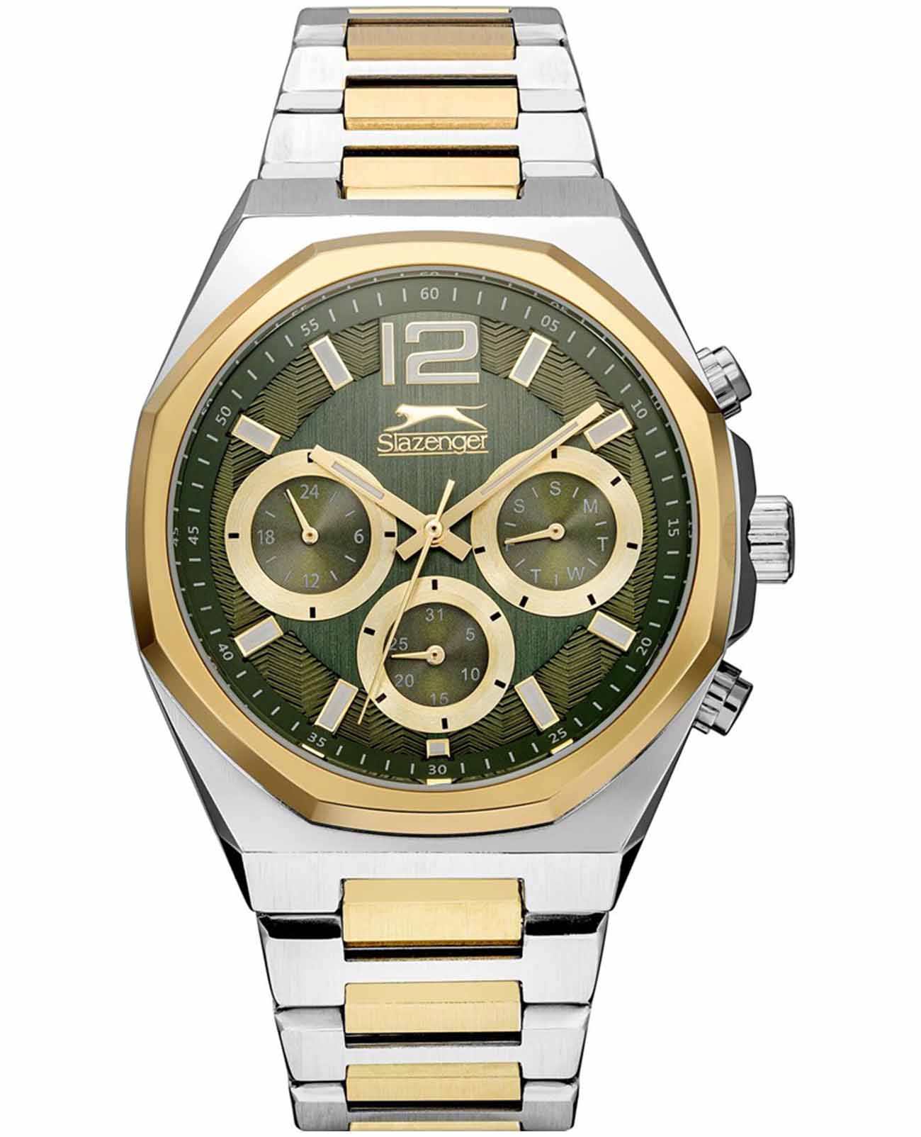 Slazenger Slazenger SL.09.2106.2.06  SL.09.2106.2.06 кварцевые мужские часы зеленый циферблат, браслет суперметалл с ip покрытием — вид спереди
