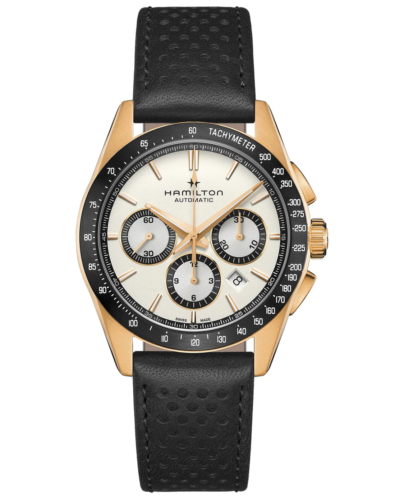 Hamilton Hamilton Jazzmaster Performer Auto Chrono H36626710  H36626710 механические мужские часы белый циферблат, браслет кожаный — вид спереди