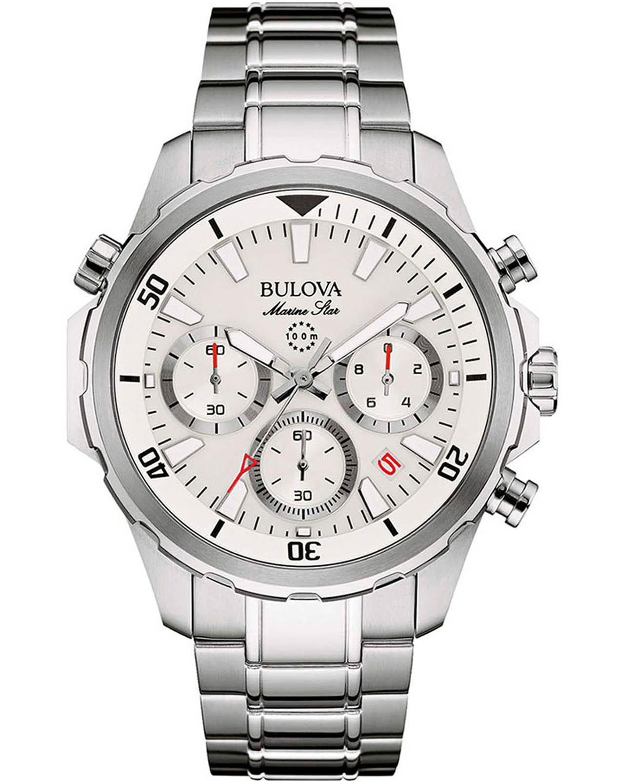 Bulova Bulova Marine Star 96B255  96B255 кварцевые мужские часы белый циферблат, браслет нержавеющая сталь — вид спереди