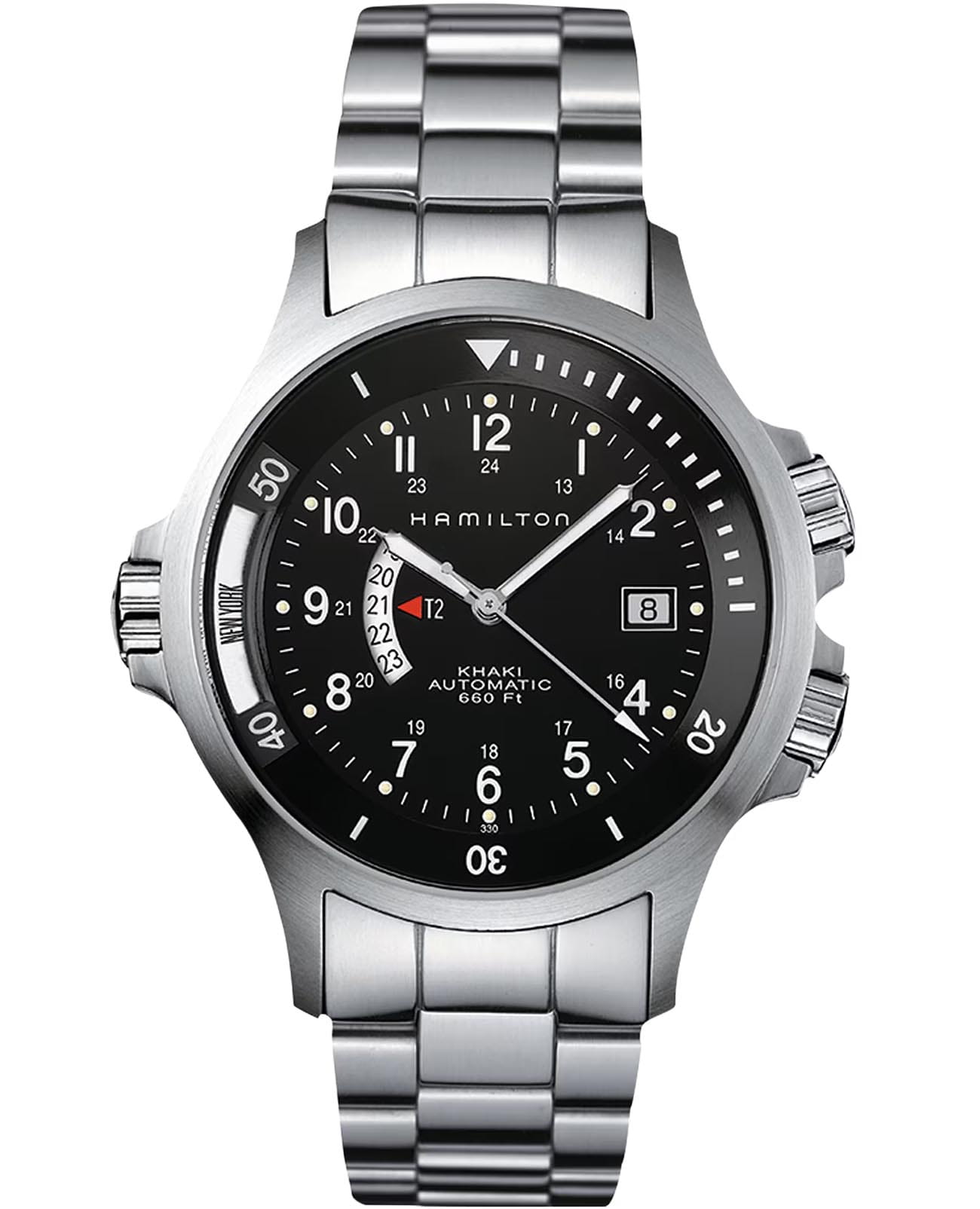 Hamilton Hamilton Khaki Navy GMT Auto H77615133  H77615133 механические мужские часы черный циферблат, браслет нержавеющая сталь — вид спереди