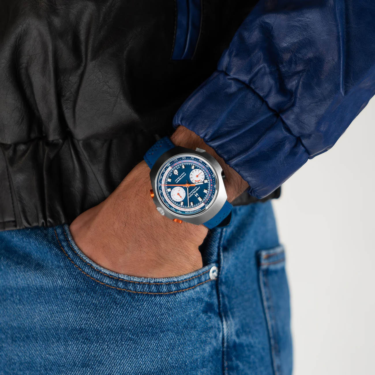 Hamilton Hamilton American Classic Chrono-Matic 50 H51606640 механические мужские часы часы крупный план синий циферблата