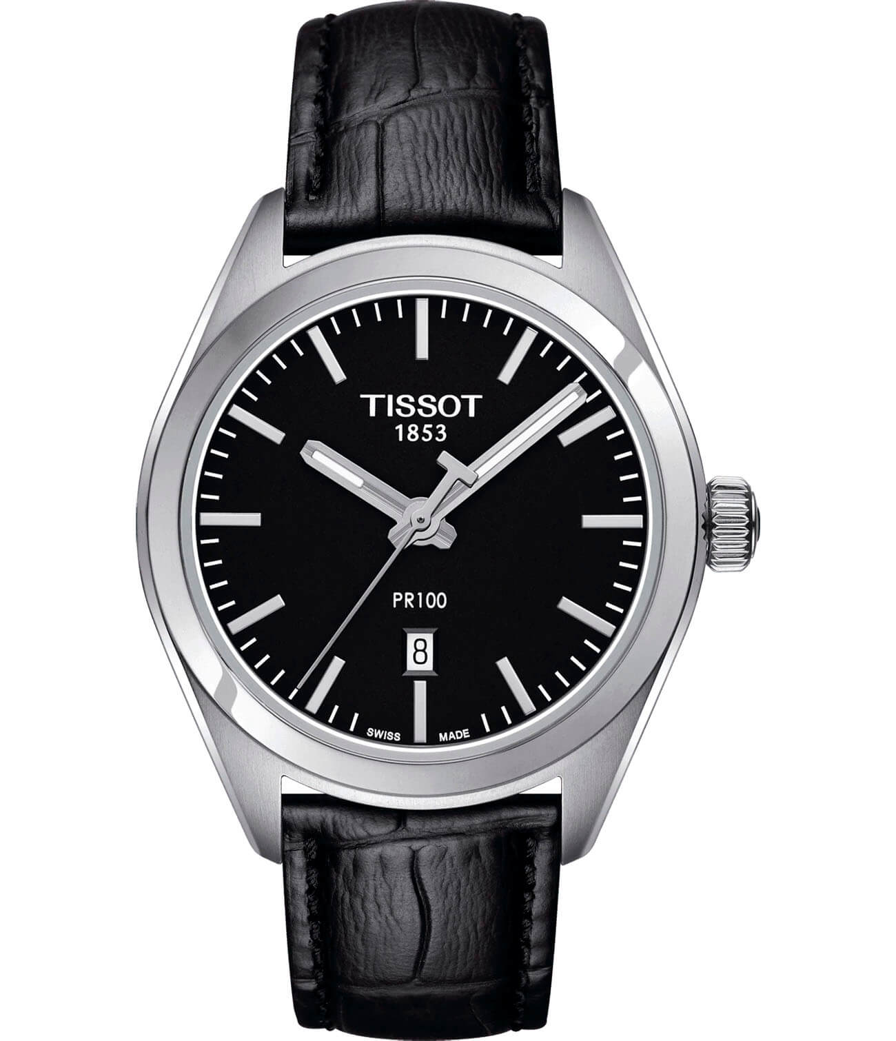 Tissot Tissot PR 100 Lady T101.210.16.051.00 PR 100 T1012101605100 кварцевые женские часы черный циферблат, браслет кожаный — вид спереди