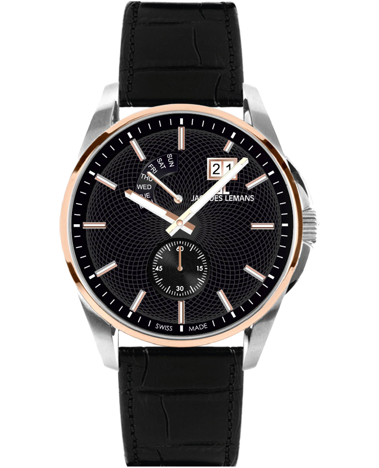 Jacques Lemans Jacques Lemans Derby 1-2199E  1-2199E кварцевые мужские часы черный циферблат, браслет кожаный — вид спереди