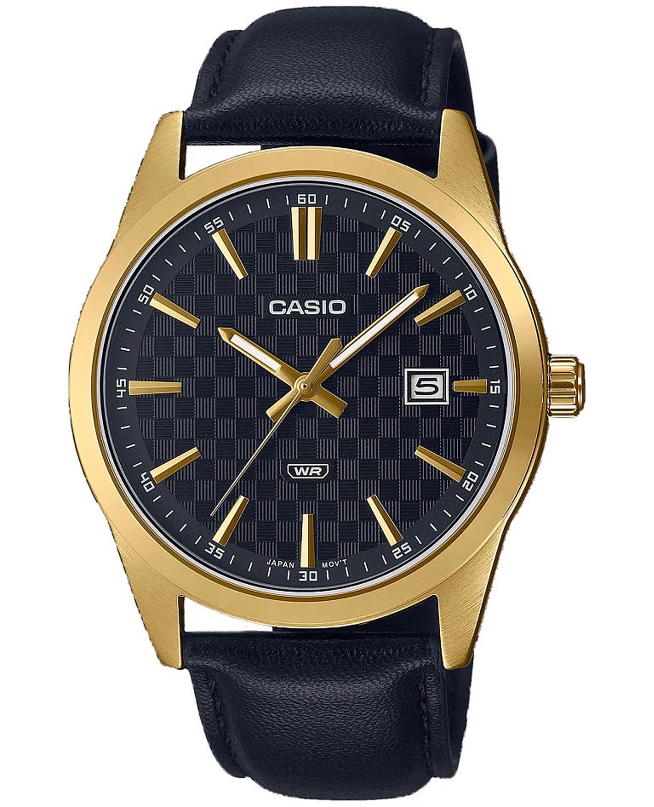 Casio Casio Collection MTP-VD03GL-1AUDF (MTP-VD03GL-1A)  MTP-VD03GL-1A кварцевые мужские часы черный циферблат, браслет кожаный — вид спереди