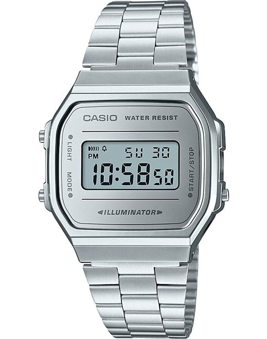 Casio Casio Collection A-168WEM-7 Retro A-168WEM-7E кварцевые мужские часы серебристый циферблат, браслет нержавеющая сталь — вид спереди