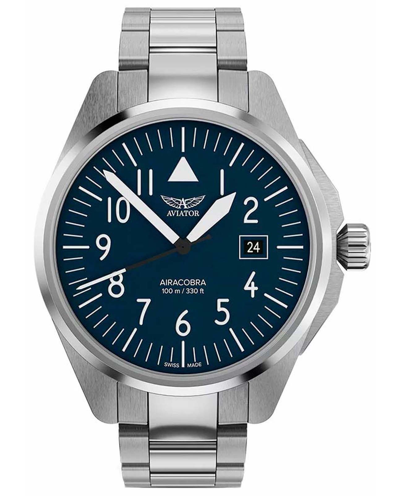 Aviator Aviator Airacobra V.1.38.0.317.5  V.1.38.0.317.5 кварцевые мужские часы синий циферблат, браслет нержавеющая сталь — вид спереди