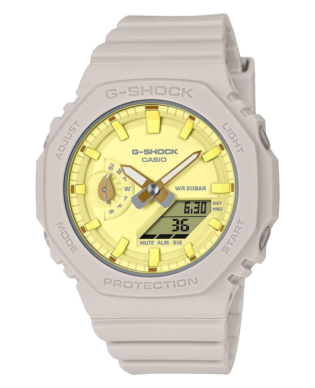 Casio Casio G-Shock GMA-S2100NC-4ADR (GMA-S2100NC-4A)  GMA-S2100NC-4A электронные женские часы желтый циферблат, браслет пластик — вид спереди