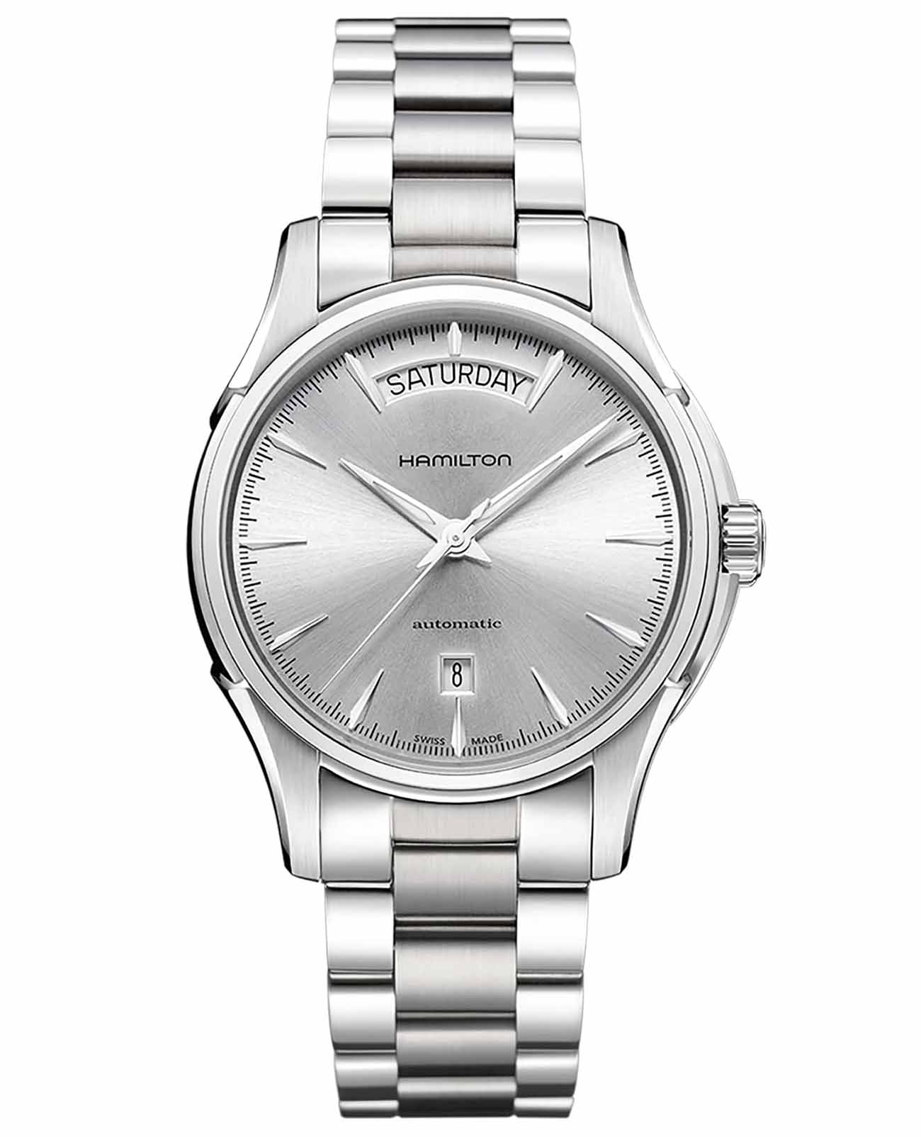 Hamilton Hamilton Jazzmaster Day Date Auto H32505151  H32505151 механические мужские часы серебристый циферблат, браслет нержавеющая сталь — вид спереди