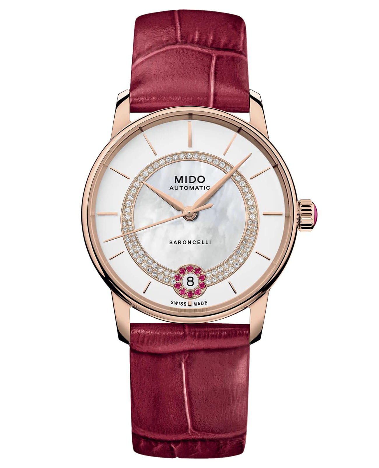 Mido Mido Baroncelli Lady Necklace M037.807.36.031.01  M0378073603101 механические женские часы перламутровый циферблат, браслет кожаный — вид спереди