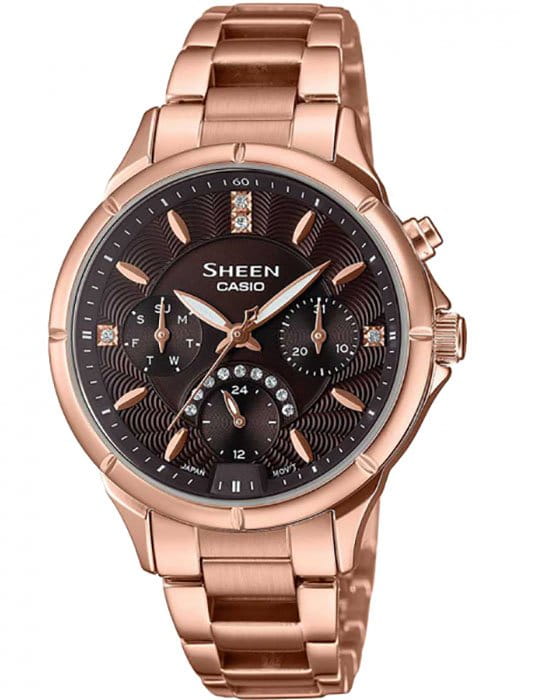 Casio Casio Sheen SHE-3047PG-5AUER  SHE-3047PG-5A кварцевые женские часы коричневый циферблат, браслет нержавеющая сталь — вид спереди