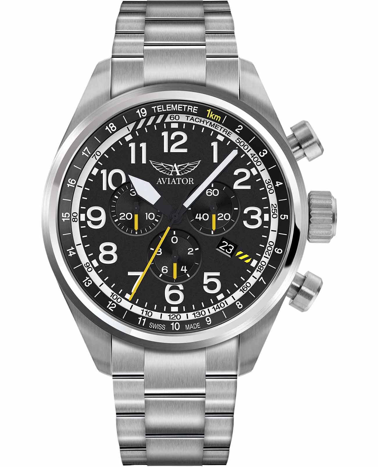 Aviator Aviator Airacobra V.2.25.0.169.5  V.2.25.0.169.5 кварцевые мужские часы черный циферблат, браслет нержавеющая сталь — вид спереди