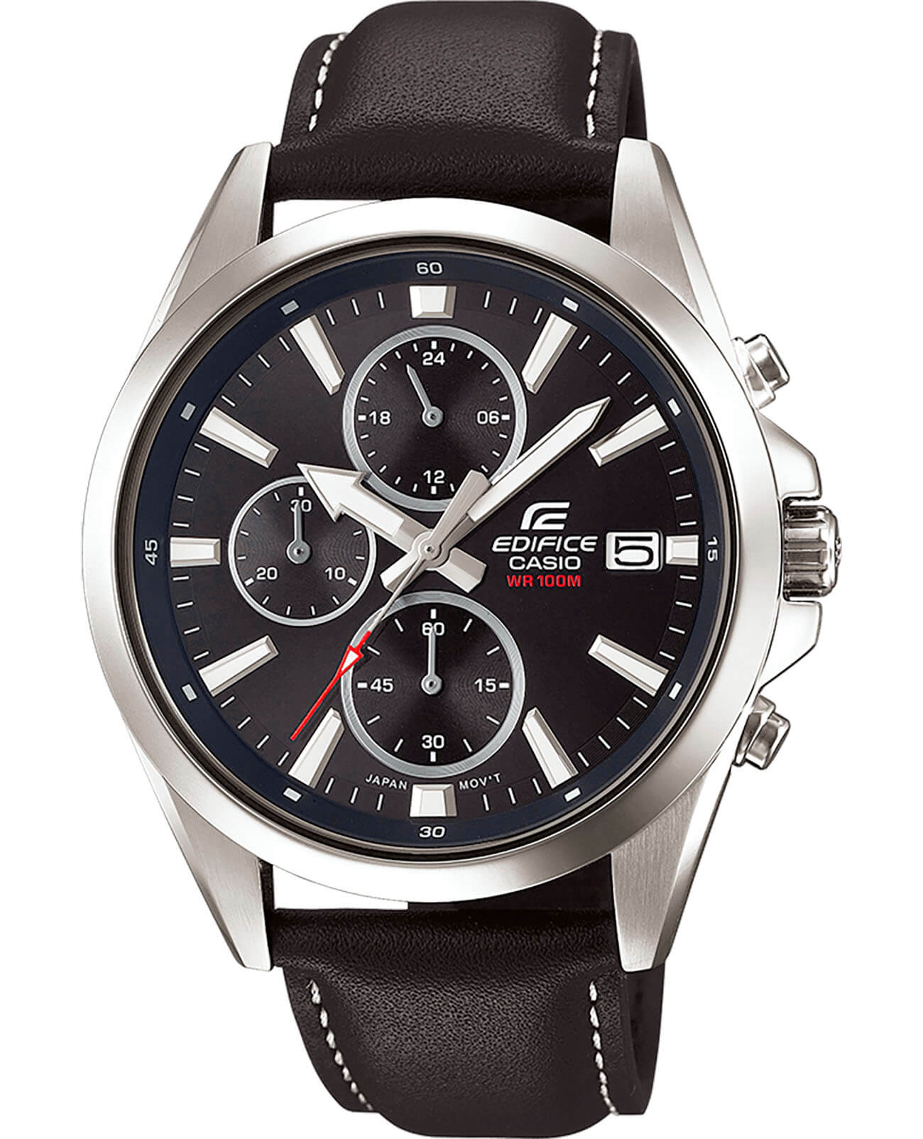 Casio Casio Edifice EFV-560L-1A EFV EFV-560L-1A кварцевые мужские часы черный циферблат, браслет кожаный — вид спереди