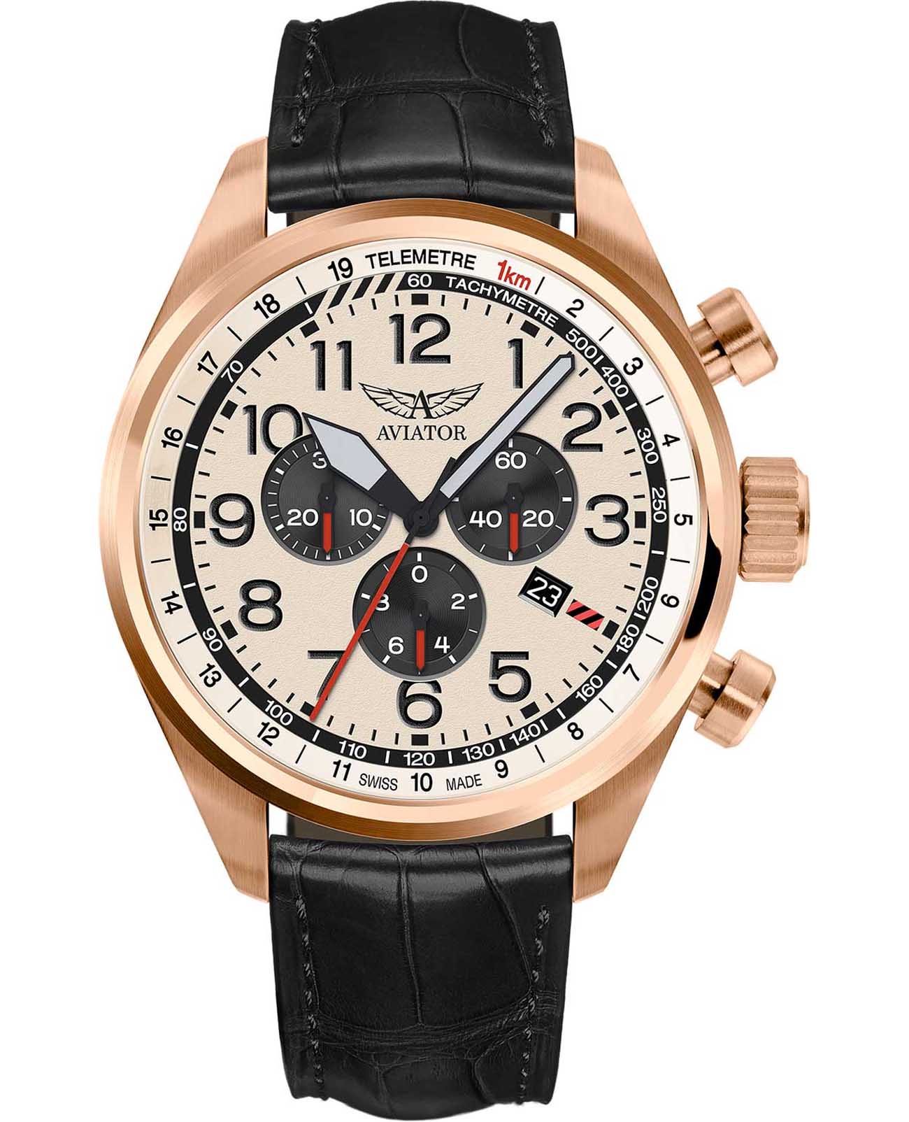Aviator Aviator Airacobra V.2.25.2.173.4  V.2.25.2.173.4 кварцевые мужские часы белый циферблат, браслет кожаный — вид спереди