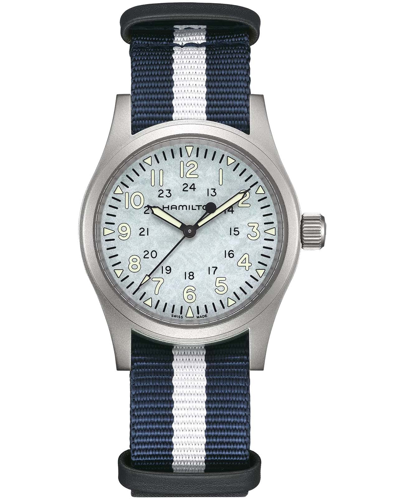 Hamilton Hamilton Khaki Field Mechanical H89459940  H89459940 механические мужские часы голубой циферблат, браслет тканевый — вид спереди