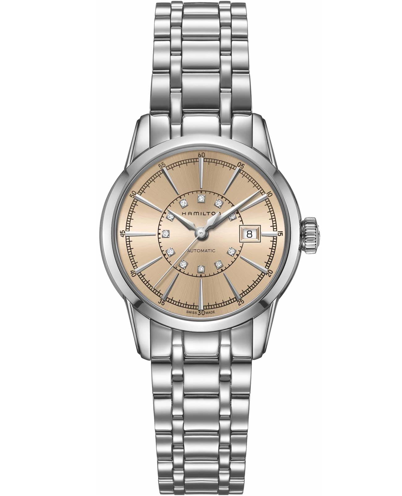 Hamilton Hamilton American Classic RailRoad Lady Auto H40405121  H40405121 механические женские часы бежевый циферблат, браслет нержавеющая сталь — вид спереди